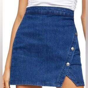 Free people we the free notched front wrap button denim mini skirt